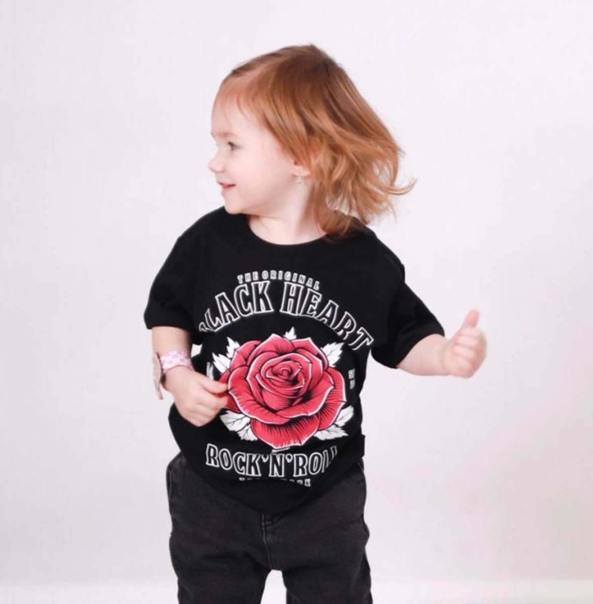 Lasten T-paita BLACK HEART - ROCK N ROLL ROSE - MUSTA XL